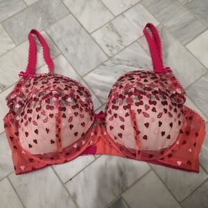 Playful Promises Cherry Embroidery Coral Plunge Bra | 36G | Barely Worn